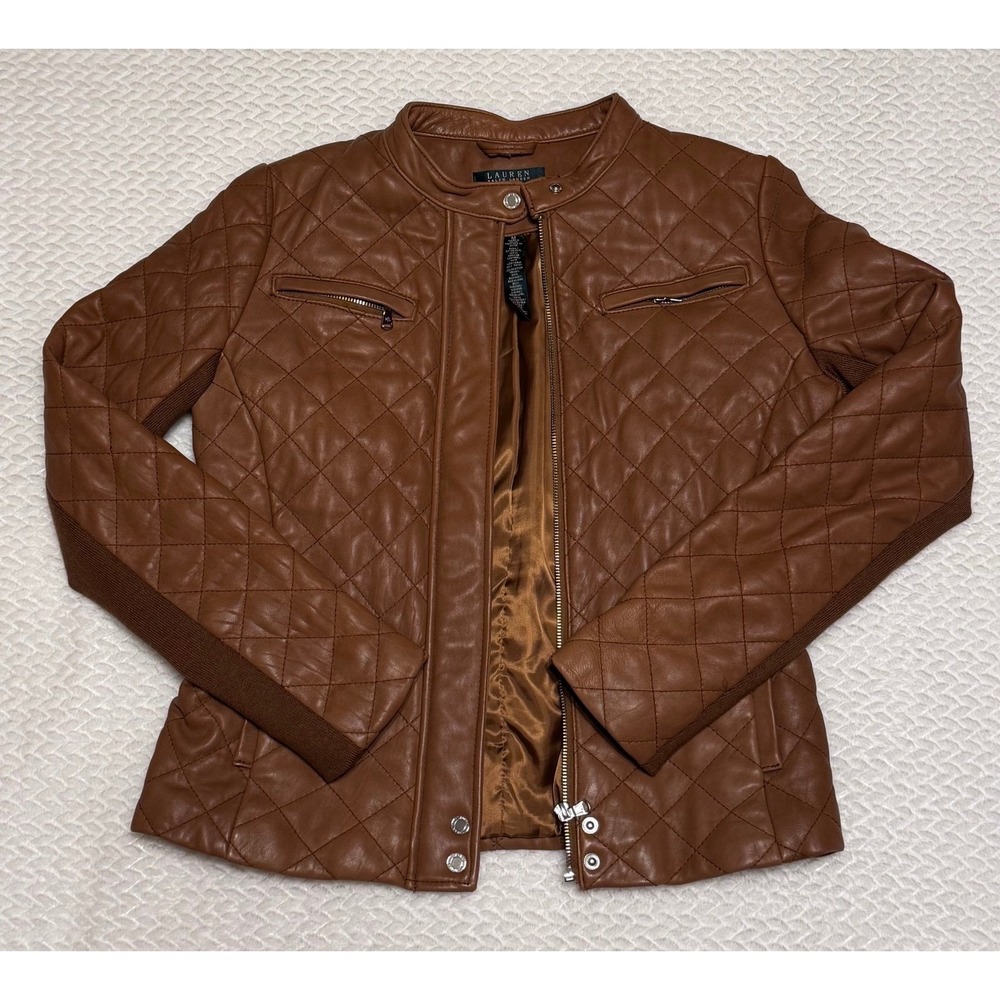 Lauren Ralph Lauren Quilted Leather Moto Jacket Brown M